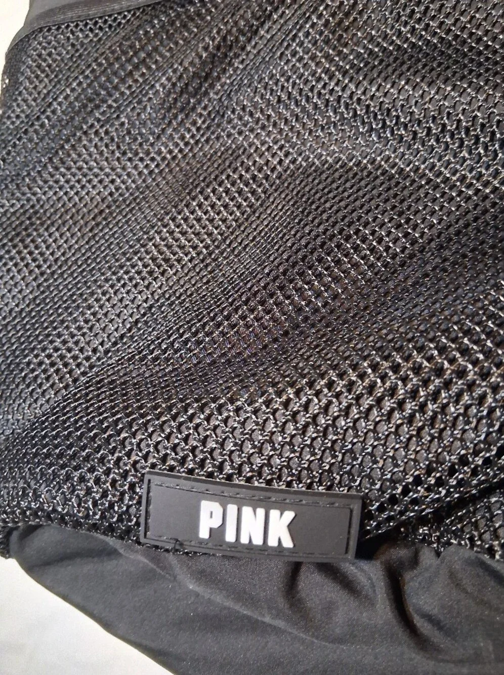 PINK Victoria's Secret Black Drawstring Backpack Gym Bag Cinch Tote Mesh Pocket